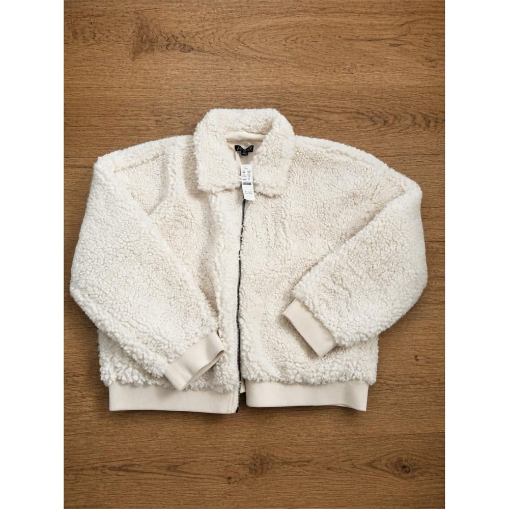 J.Crew NWT Cropped Sherpa Jacket Ivory White Bomber Teddy Cozy Jersey Lined Zip